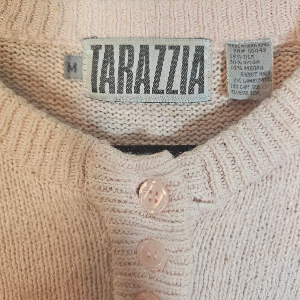 Vintage Tarazzia Women's Pink Knit Henley Button Up Angora Blend Sweater Size M